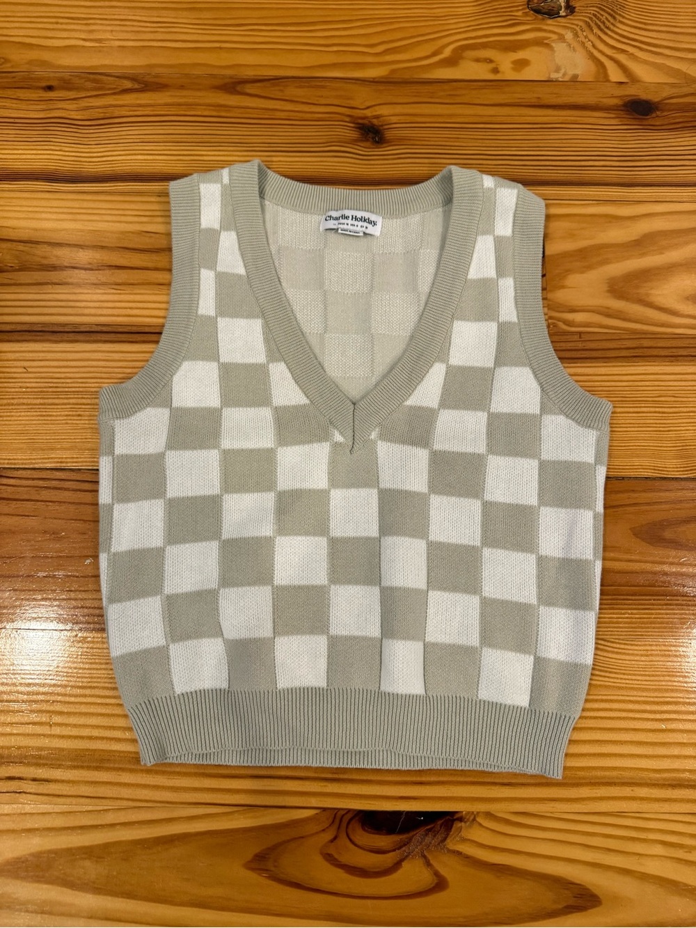 Charlie Holiday Cream and Sage Check V-Neck Knit Vest